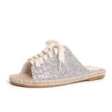 Sequin Lace-Up Flat Sandals with Straw Fisherman Sole
