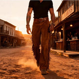 Retro Western Cowboy Deer Skin Fleece Fringe Wide Leg Pants