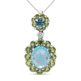 18k White Gold 0.05 Cttw Round Diamond and Blue Topaz and Green Peridot Gemstone Halo Drop 18" Pendant Necklace (F-G Color, VS1-VS2 Clarity)