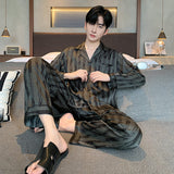 High-grade Ice Silk Men's Pajamas V-neck Thin Trousers Long Sleeve Two-piece Set