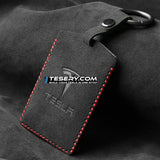 Alcantara Key Card Holder for Model 3/Y | Italian Material | Hook & Keychain | White Stitching