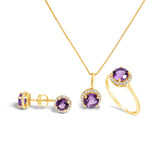 10K White Gold Purple Amethyst and 3/8 Cttw Diamond Halo Jewelry Set (Earrings, Pendant & Ring)