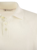 Brunello Cucinelli Men Cotton Rib Knit Polo Shirt With Long Raglan Sleeve