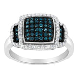 Black Rhodium Plated .925 Sterling Silver 1/2 Cttw White & Blue Diamond Square Halo Cocktail Ring (Fancy Blue & H-I Color, I2-I3 Clarity) - SIze 6