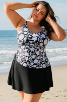 Black Printed Square Neck Drawstring Ruffled Tankini Set