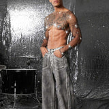 Men's Transparent HollowOut Top Men's Mesh TShirt With Openwork Design Glittering Rhinestone And Sequin Fishnet Vest