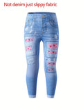 Girls All-Season Skinny Leggings - Chic Denim-Imitation Heart Pattern