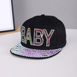Men's And Women's Identical Colorful Diamond BABY Letter Hot Stamping Diamond Brim Hat. This Stylish Hip-hop Style Flat Brim Hat Is Suitable For Personalized Streetwear Outfits.