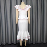 Women's Ruffled Contrast Color Top Temperament Slim Fishtail Skirt Suit