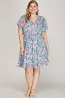 She + Sky Full Size Ruffled Hem Printed Surplice Kimono Sleeve Mini Dress Plus Size