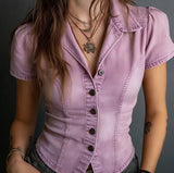 Vintage Waist-Cinched Short-Style Blazer-Collar Short-Sleeve Shirt