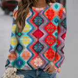 Women's Creative Printed Spliced Round Neck Shoulder Long Sleeved Sweater