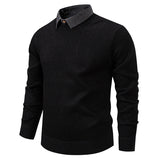 Mens Faux Two-piece Base-layer Knit Casual Shirt-collar Sweater