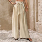 Womens Solid-Color High-Waist Tie-Front Casual Drapey Wide-Leg Pants