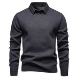 Mens Faux Two-piece Base-layer Knit Casual Shirt-collar Sweater