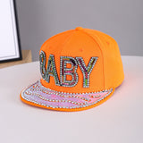 Men's And Women's Identical Colorful Diamond BABY Letter Hot Stamping Diamond Brim Hat. This Stylish Hip-hop Style Flat Brim Hat Is Suitable For Personalized Streetwear Outfits.