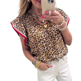 Womens Fashion Leopard-Print Ruffle-Trim Loose Chiffon Blouse