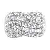 .925 Sterling Silver 1.0 Cttw Channel Set Alternating Round and Baguette Diamond Cross-over Bypass Ring Band (I-J Color, I2-I3 Clarity) - Size 7