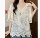 Womens Fashion Embroidered Hollow Lace Short-Sleeve Shirt