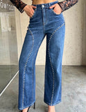 Fashionable Beaded Trendy Street-style Casual Versatile Straight-leg Denim Jeans