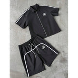 Striped Zip-front Short-sleeve Shirt And Shorts Set
