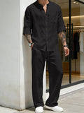 Mens Solid-Color Linen Long-Sleeve Shirt And Pants Two-Piece Set