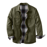 Washed Canvas Work Jacket With A Plaid Lining, Durable And Warm