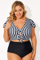 Black Stripe Knot Cutout Ruffle Sleeve and High Waisted 2pcs Swimsuit