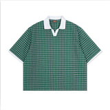 Mens Summer Thin Color-Block Plaid Lapel Short-Sleeve Shirt