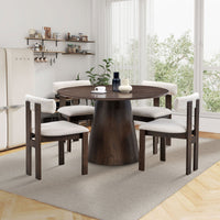 (1 Table with 4 Chairs)Wooden Dining Table Set, Modern Round MDF Kitchen Table and Boucle Upholstered Dining Chairs for Dining Room, Kitchen, Saving Space, Brown