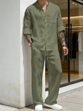 Mens Solid-Color Linen Long-Sleeve Shirt And Pants Two-Piece Set