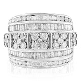 .925 Sterling Silver 2.0 Cttw Round & Baguette Cut Diamond Multi-Row Channel Set Tapered Cocktail Fashion Ring (I-J Color, I3 Clarity) - Size 7