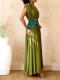 Sheen Deep V Ruched Printed Waistband Maxi Dress