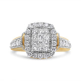 14K Yellow and White Gold 1.00 Cttw Princess and Round Cut Emerald Shaped Halo Diamond Cluster Ring (SI1-SI2 Clarity, H-I Color) - Size 7