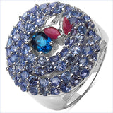 3.31 Carat Genuine London Blue Topaz , Ruby & Tanzanite .925 Sterling Silver Ring