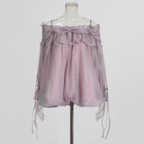 Retro Off-the-Shoulder Strap Bell-Sleeve Solid Color Chiffon Top