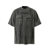 High Street Retro Workwear Zipper Pocket Decoration Washed Distressed Short Sleeve