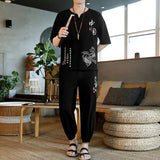Chinese-style Mens Embroidered Cotton-linen Retro Loose-fit