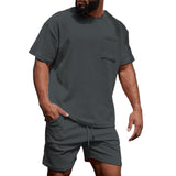 Mens Corduroy Casual Crew-Neck Shorts Set