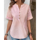 Womens Plus-Size Asymmetrical Striped Patchwork Cotton-Linen Top