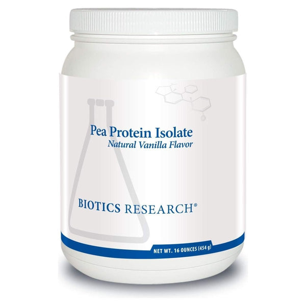 BIOTICS Research Pea Protein Isolate Natural Vanilla Flavored. Mixes Easily with Water or Juice. Premium Pea Protein. 25 Gram Clean Protein per Serving 16 Ounces