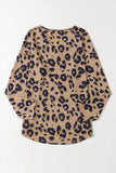 Brown Leopard Split V Neck Long Sleeve Shirt