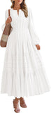 BTFBM Fall Dresses for Women 2025 Casual Long Sleeve V Neck Elastic Waist Lightweight Maxi Wedding Guest Dress Pockets