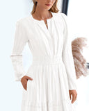 BTFBM Fall Dresses for Women 2025 Casual Long Sleeve V Neck Elastic Waist Lightweight Maxi Wedding Guest Dress Pockets