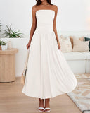 BTFBM Summer Maxi Dresses for Women 2025 Strapless Ruched Tube Top Flowy Beach Vacation Wedding Guest Fall Dress Pockets