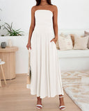 BTFBM Summer Maxi Dresses for Women 2025 Strapless Ruched Tube Top Flowy Beach Vacation Wedding Guest Fall Dress Pockets