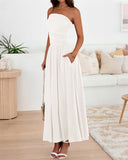 BTFBM Summer Maxi Dresses for Women 2025 Strapless Ruched Tube Top Flowy Beach Vacation Wedding Guest Fall Dress Pockets