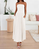 BTFBM Summer Maxi Dresses for Women 2025 Strapless Ruched Tube Top Flowy Beach Vacation Wedding Guest Fall Dress Pockets