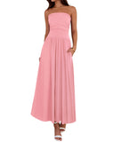 BTFBM Summer Maxi Dresses for Women 2025 Strapless Ruched Tube Top Flowy Beach Vacation Wedding Guest Fall Dress Pockets
