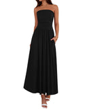 BTFBM Summer Maxi Dresses for Women 2025 Strapless Ruched Tube Top Flowy Beach Vacation Wedding Guest Fall Dress Pockets